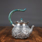 Чайник ручной ковки из стерлингового серебра 999 пробы | Чайник «Изобилие» с рельефной гравировкой и ручкой, покрытой натуральным лаком